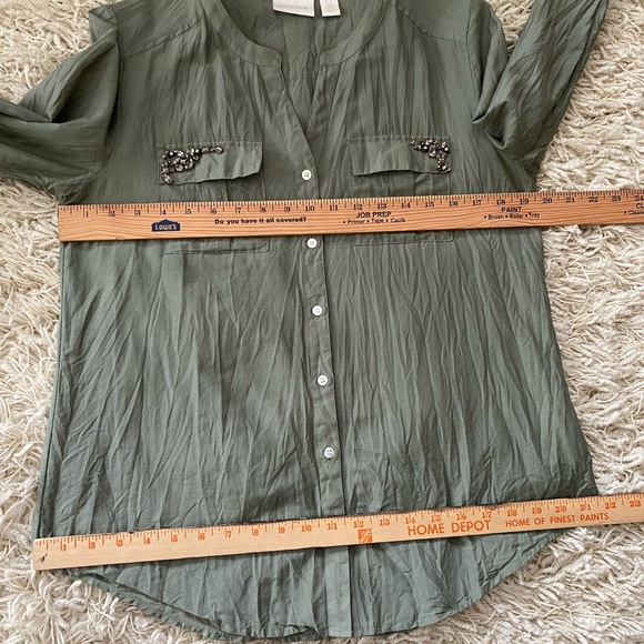 Chicos Size 0( XS)Womens Top Green Silk/Cotton Blend Studded Pockets Long Sleeve - Picture 11 of 14